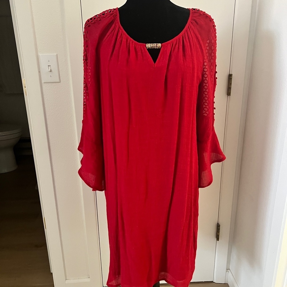 Indigo Rose Red Boho Peasant Dress XL | Crochet Lace Sleeve, Gold Bar Neckline